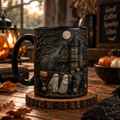 Haunted Halloween Night Trick or Treat 3D Black Mug – Spooky Ghost House Coffee Cup