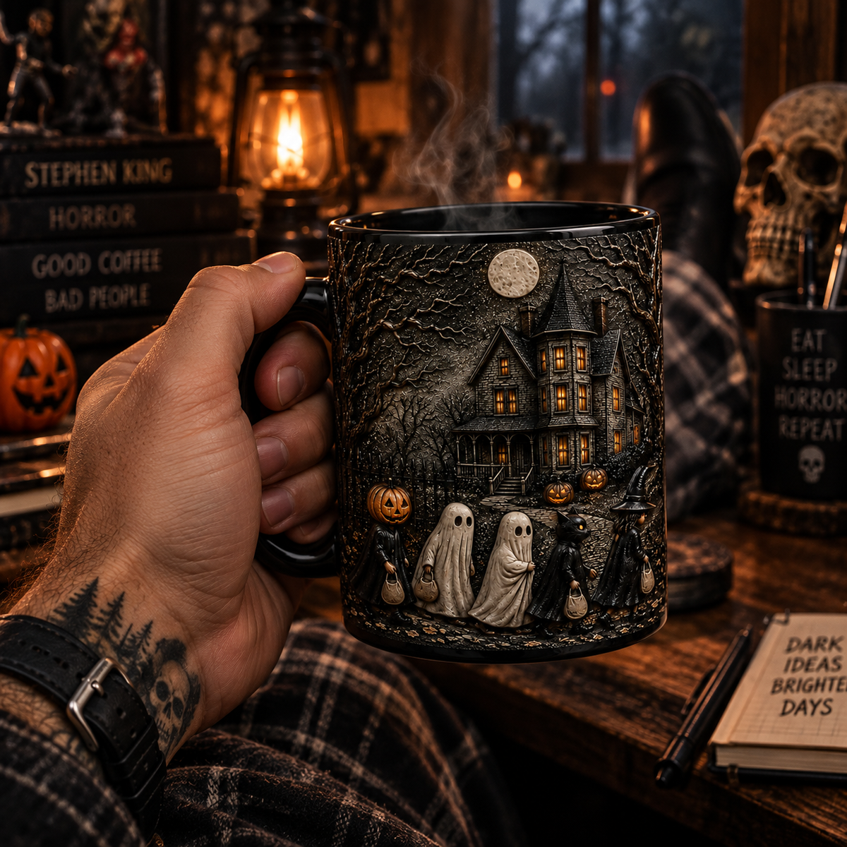 Haunted Halloween Night Trick or Treat 3D Black Mug – Spooky Ghost House Coffee Cup