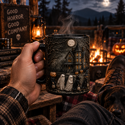 Haunted Halloween Night Trick or Treat 3D Black Mug – Spooky Ghost House Coffee Cup