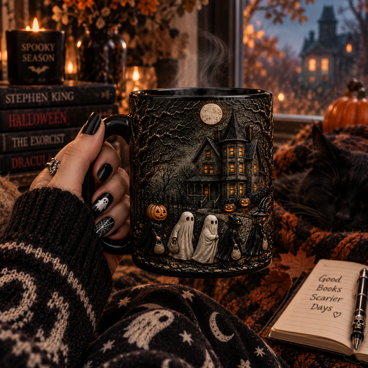 Haunted Halloween Night Trick or Treat 3D Black Mug – Spooky Ghost House Coffee Cup