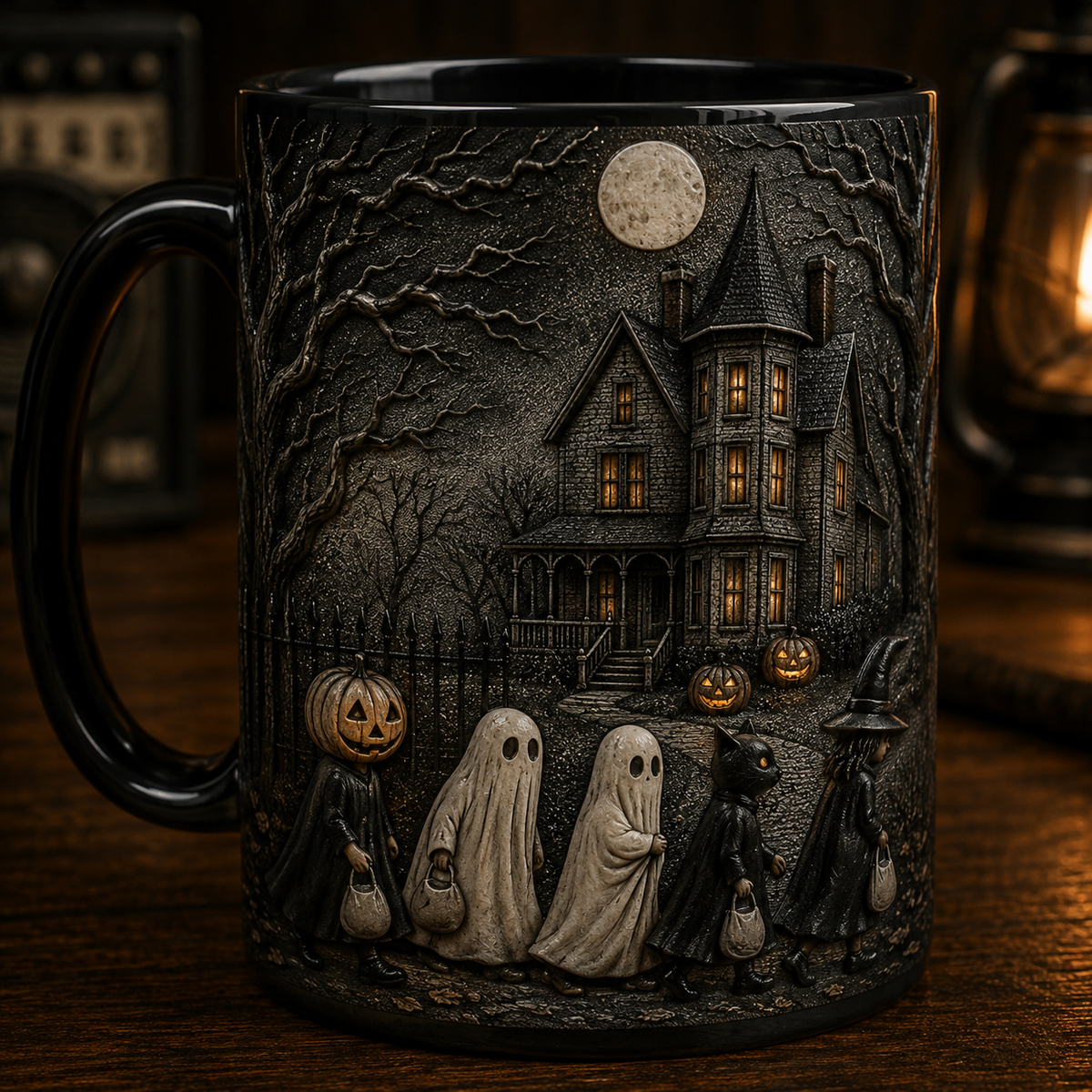 Haunted Halloween Night Trick or Treat 3D Black Mug – Spooky Ghost House Coffee Cup