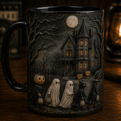 Haunted Halloween Night Trick or Treat 3D Black Mug – Spooky Ghost House Coffee Cup
