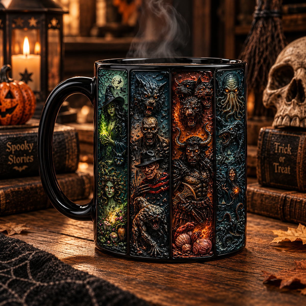 Dark Legends & Mythical Monsters 3D Black Mug – Gothic Horror Creature Coffee Cup