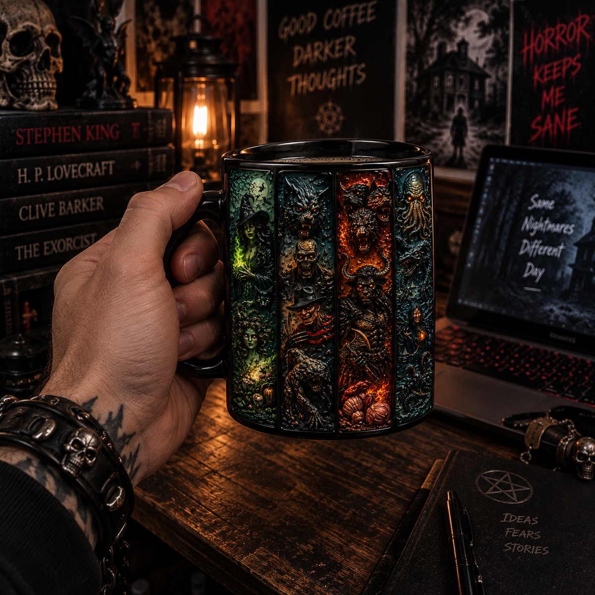 Dark Legends & Mythical Monsters 3D Black Mug – Gothic Horror Creature Coffee Cup