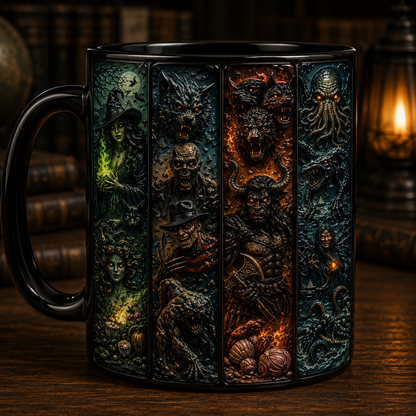 Dark Legends & Mythical Monsters 3D Black Mug – Gothic Horror Creature Coffee Cup