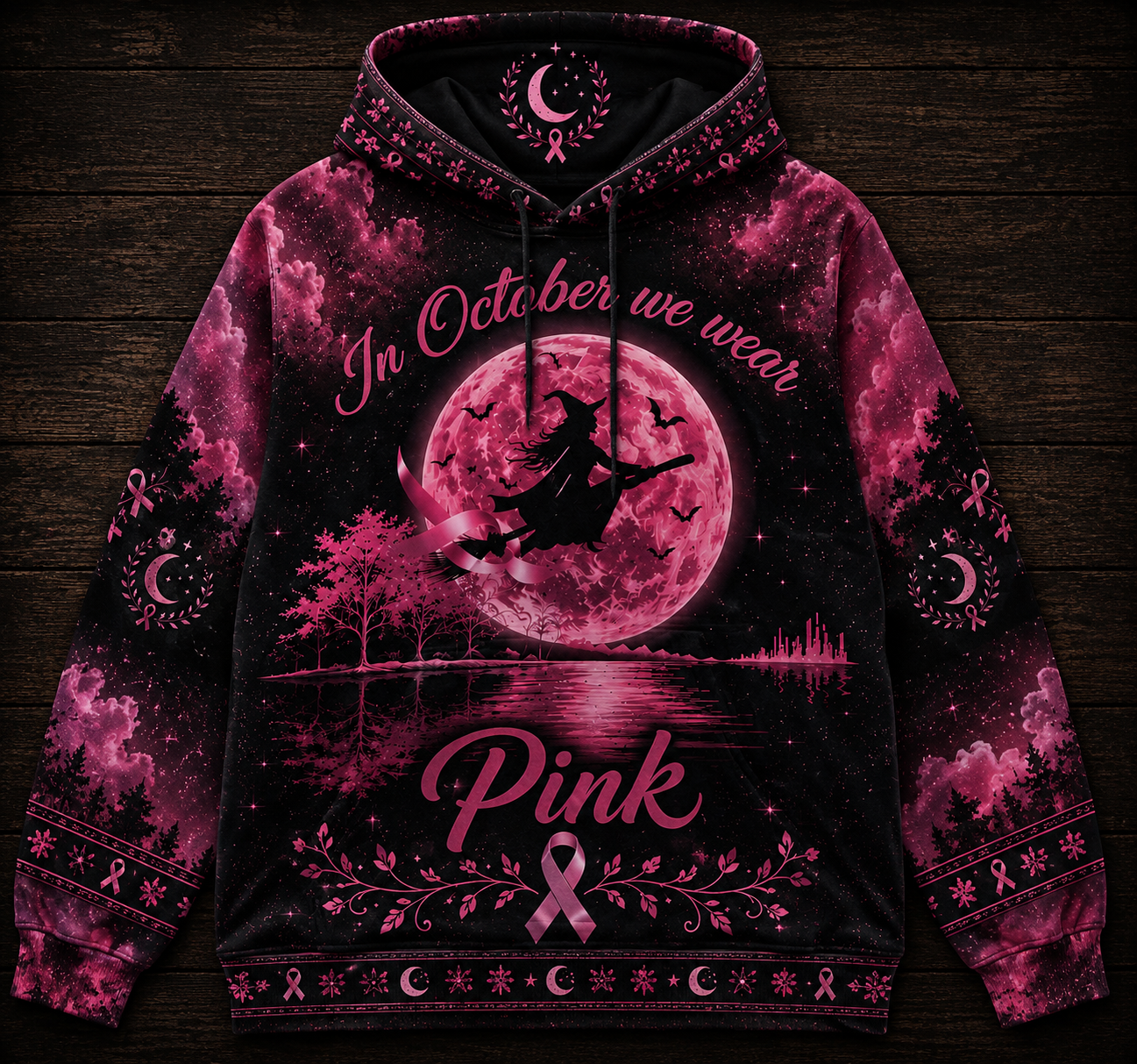 In October We Wear Pink Ribbon Witch Breast Cancer Halloween Shirt
