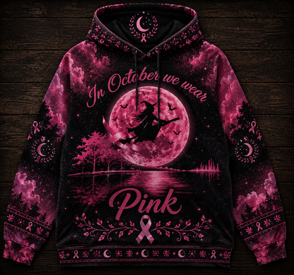 In October We Wear Pink Ribbon Witch Breast Cancer Halloween Shirt