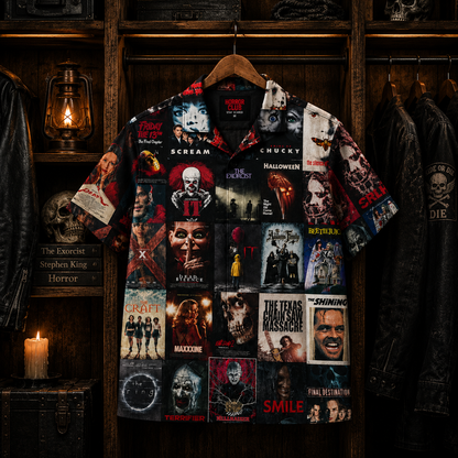 Horror Movie Legends Collage Hawaiian Shirt – Classic Scary Movie Gift for Horror Fans