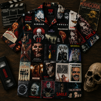 Horror Movie Legends Collage Hawaiian Shirt – Classic Scary Movie Gift for Horror Fans