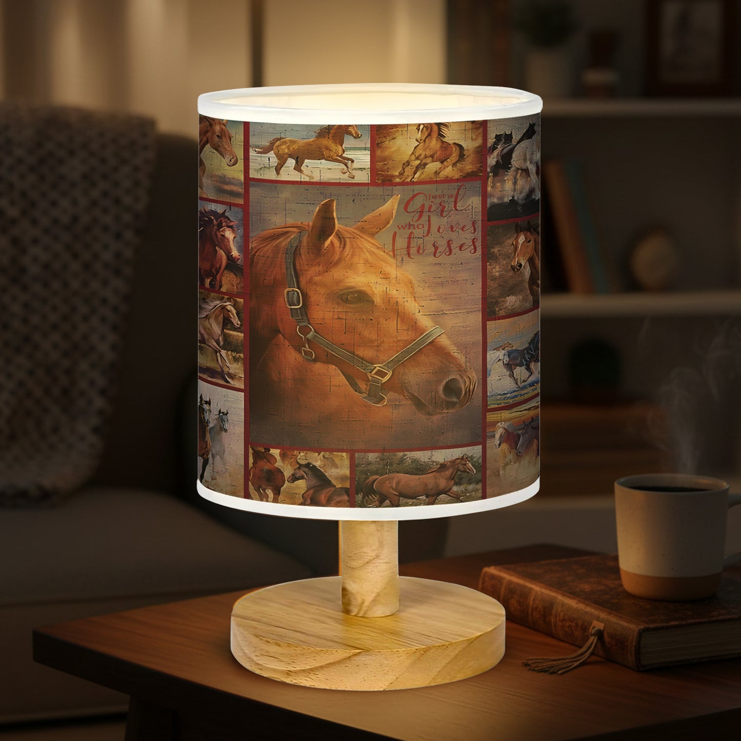 Just A Girl Who Loves Horses  Wood Base Fabric Lamp,  Retro Home Décor Gift