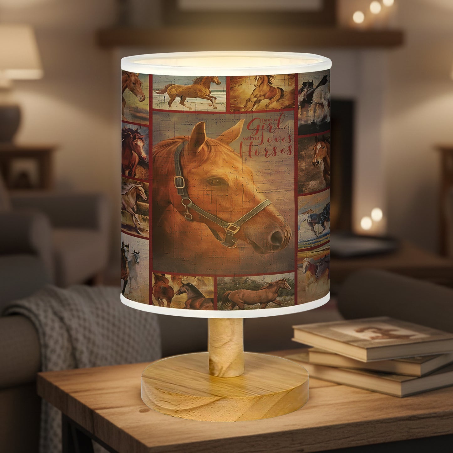 Just A Girl Who Loves Horses  Wood Base Fabric Lamp,  Retro Home Décor Gift