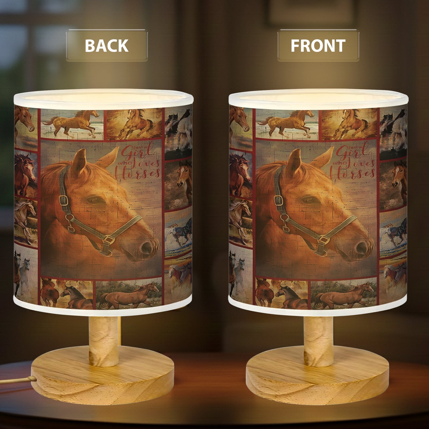 Just A Girl Who Loves Horses  Wood Base Fabric Lamp,  Retro Home Décor Gift