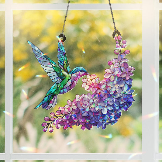 Hologram Purple Lilac and Hummingbird Suncatcher Acrylic Window Hanging