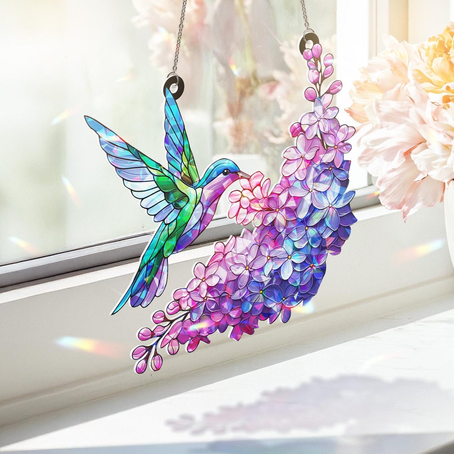 Hologram Purple Lilac and Hummingbird Suncatcher Acrylic Window Hanging