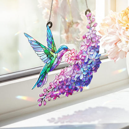 Hologram Purple Lilac and Hummingbird Suncatcher Acrylic Window Hanging