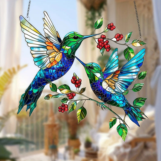 Couple Hummingbird  Suncatcher - Beautiful Shape Stained Glass Suncatcher