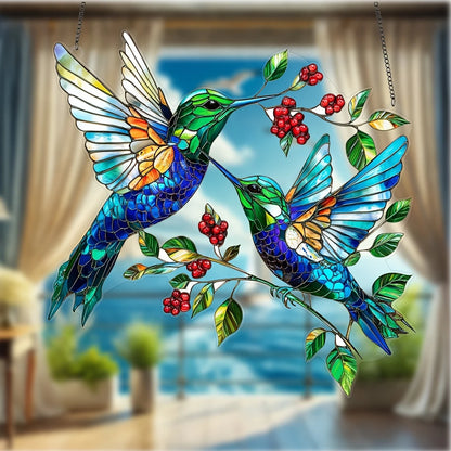 Couple Hummingbird  Suncatcher - Beautiful Shape Stained Glass Suncatcher