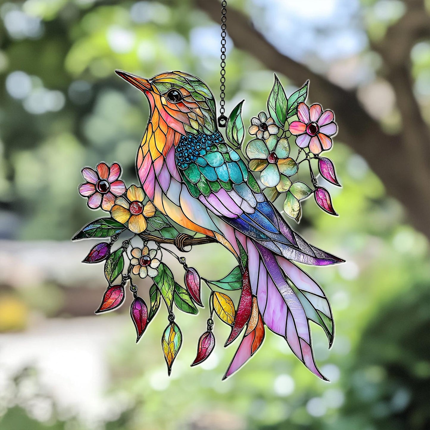 Colorful Hummingbird  Suncatcher - Personalized Shape Stained Glass Suncatcher