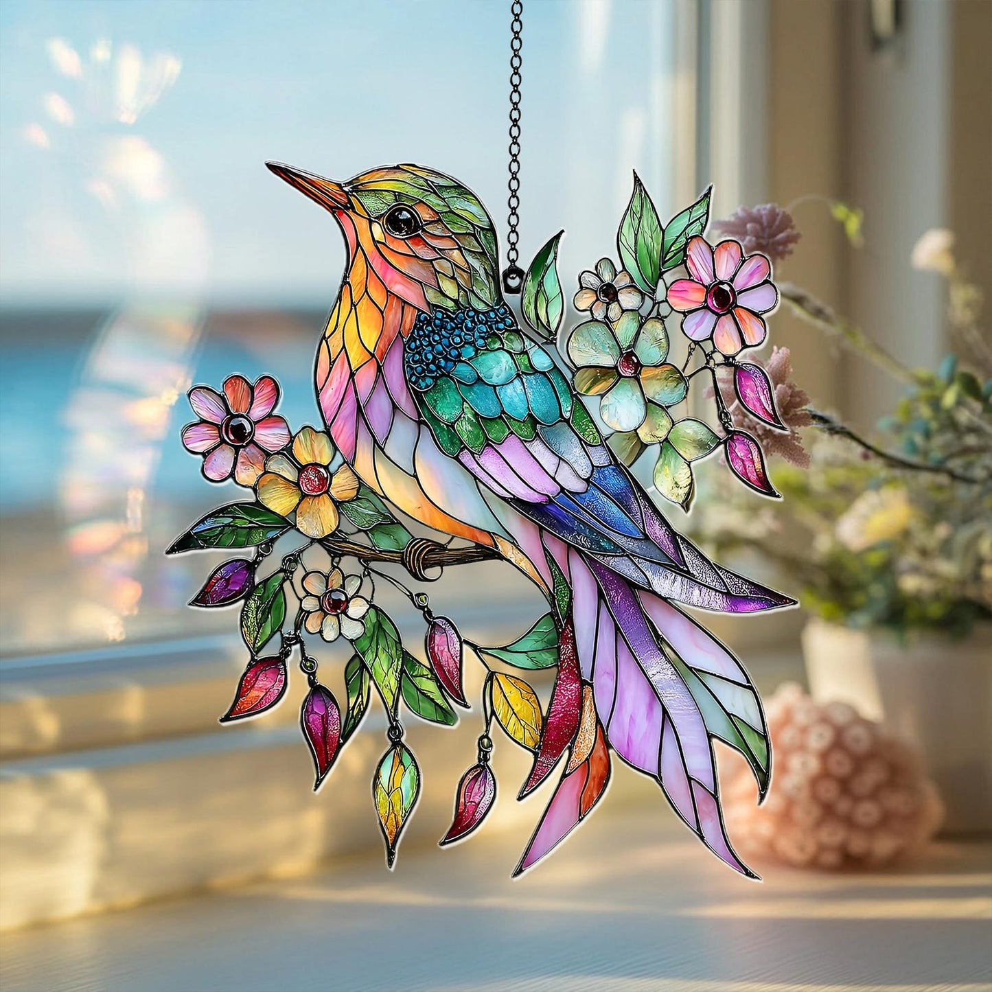 Colorful Hummingbird  Suncatcher - Personalized Shape Stained Glass Suncatcher