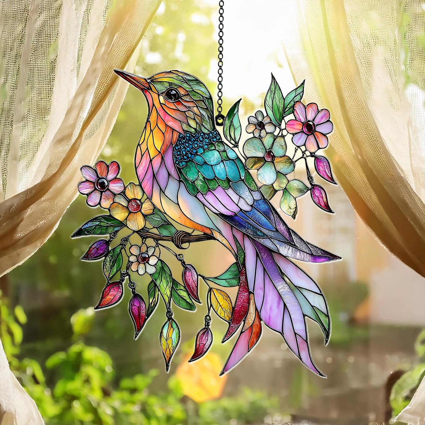 Colorful Hummingbird  Suncatcher - Personalized Shape Stained Glass Suncatcher
