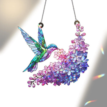 Hologram Purple Lilac and Hummingbird Suncatcher Acrylic Window Hanging