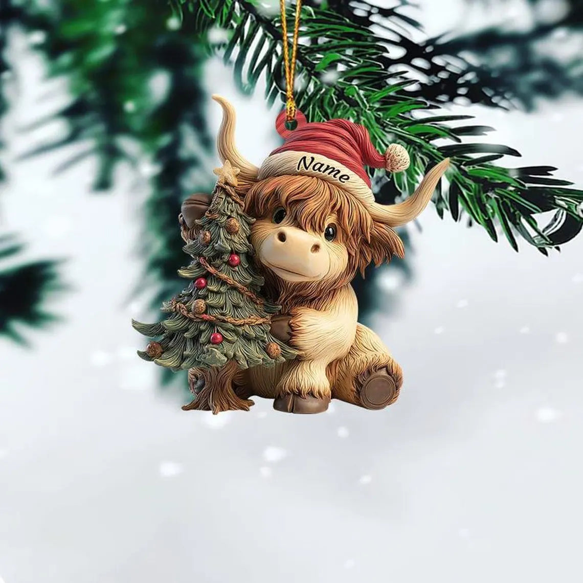 Highland Cow With Christmas Tree - Personalized Acrylic Ornament