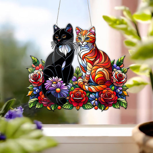 Cat Flowers Stained Glass Suncatcher