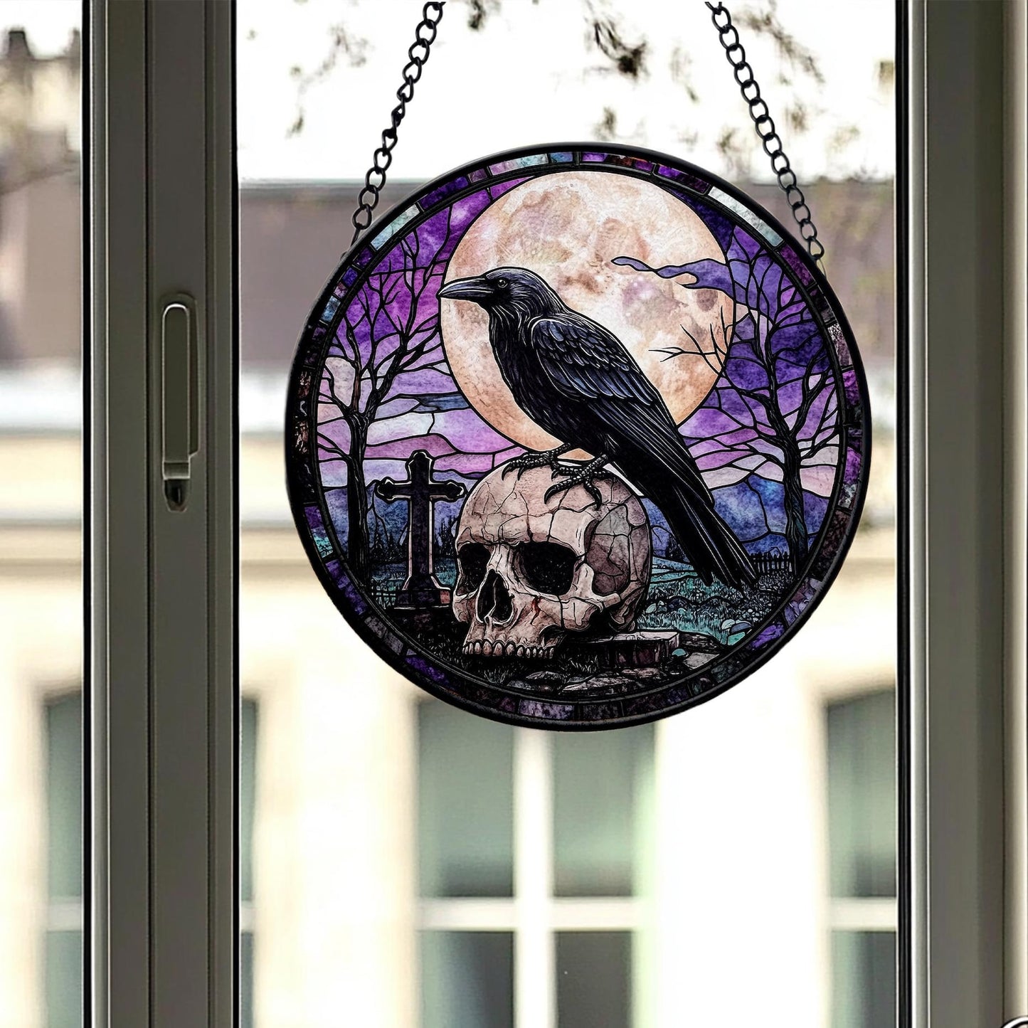 Crow on Skull Stained Glass Suncatcher, Moon&crow Stained Glass Suncatcher