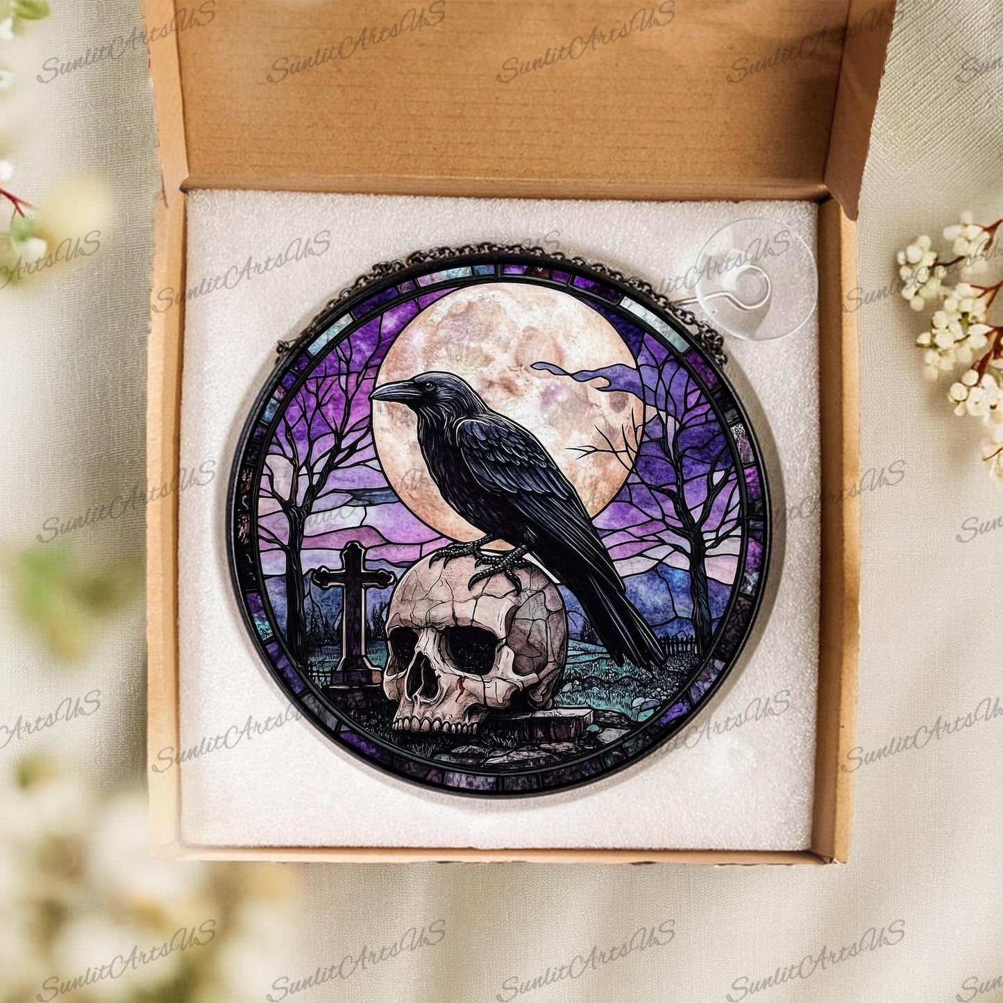 Crow on Skull Stained Glass Suncatcher, Moon&crow Stained Glass Suncatcher