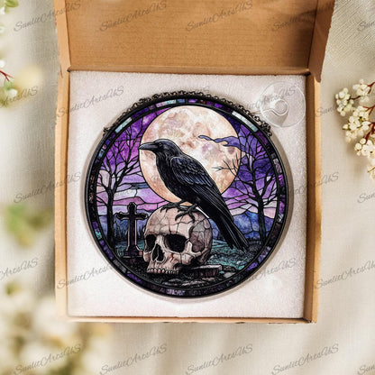 Crow on Skull Stained Glass Suncatcher, Moon&crow Stained Glass Suncatcher