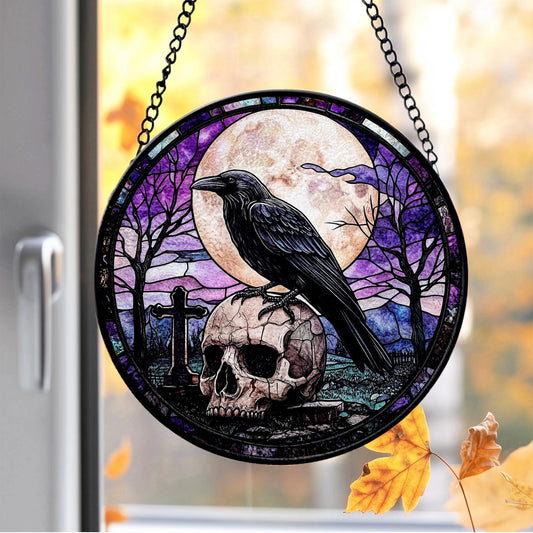Crow on Skull Stained Glass Suncatcher, Moon&crow Stained Glass Suncatcher
