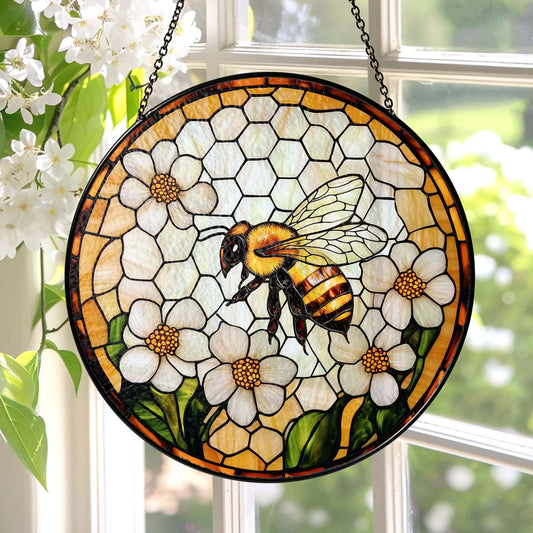 Bee Wildflowers Stained  Glass Suncatcher