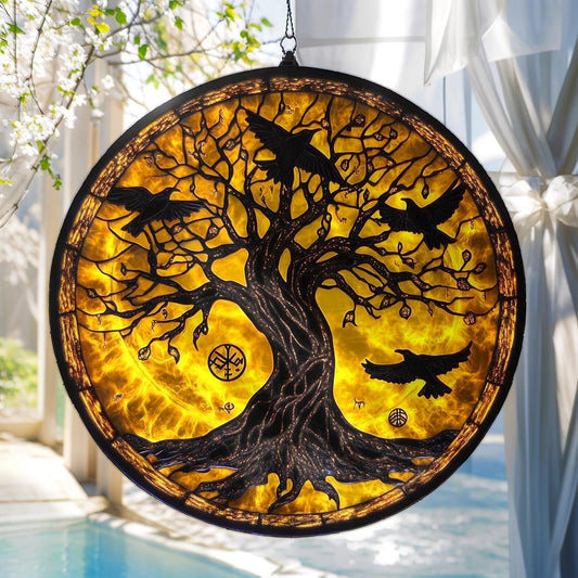Raven Tree Acrylic Suncatcher - Norse Window Hanging With Runes & Viking Symbolism