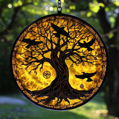 Raven Tree Acrylic Suncatcher - Norse Window Hanging With Runes & Viking Symbolism