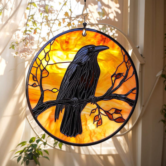 Raven on Branch Stained Glass Suncatcher - Round Window Hanging Gothic Decor
