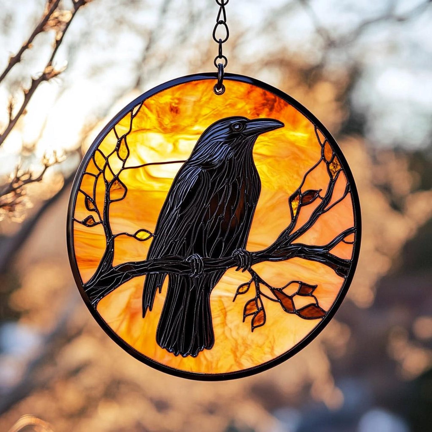 Raven on Branch Stained Glass Suncatcher - Round Window Hanging Gothic Decor