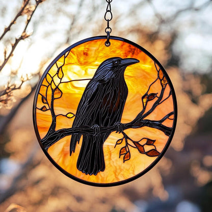 Raven on Branch Stained Glass Suncatcher - Round Window Hanging Gothic Decor