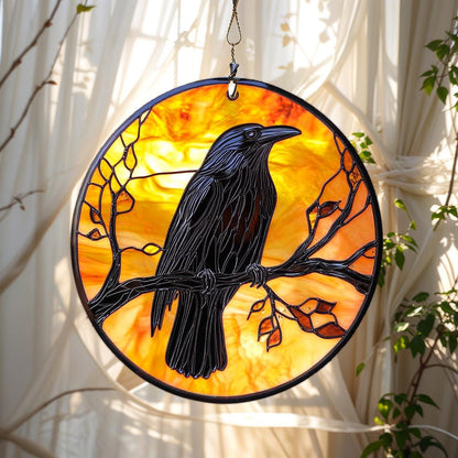 Raven on Branch Stained Glass Suncatcher - Round Window Hanging Gothic Decor