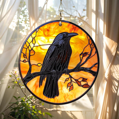 Raven on Branch Stained Glass Suncatcher - Round Window Hanging Gothic Decor