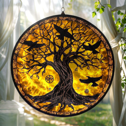 Raven Tree Acrylic Suncatcher - Norse Window Hanging With Runes & Viking Symbolism