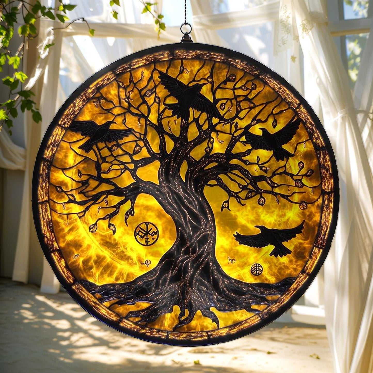 Raven Tree Acrylic Suncatcher - Norse Window Hanging With Runes & Viking Symbolism