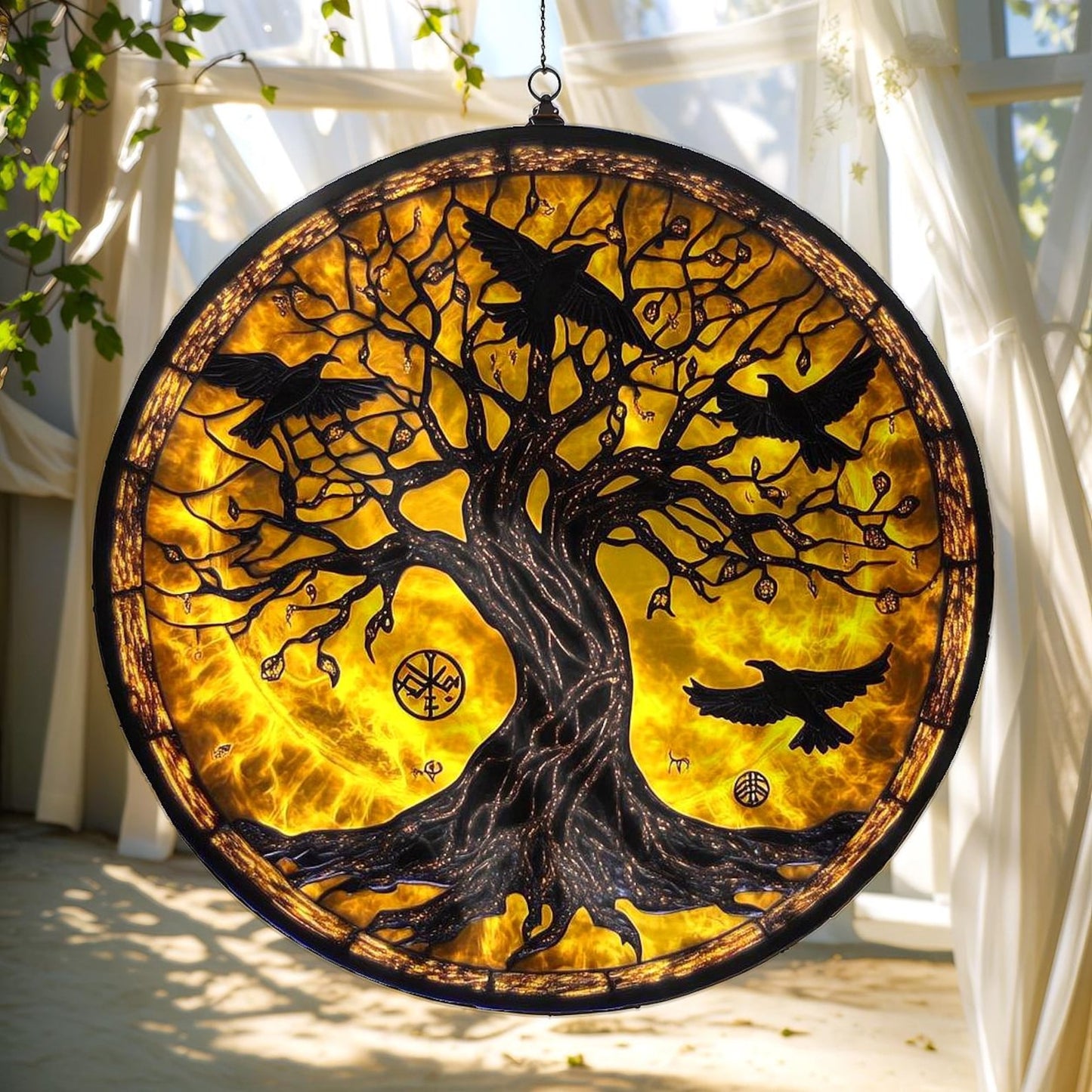 Raven Tree Acrylic Suncatcher - Norse Window Hanging With Runes & Viking Symbolism
