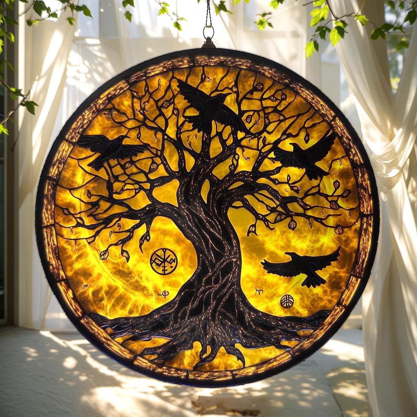 Raven Tree Acrylic Suncatcher - Norse Window Hanging With Runes & Viking Symbolism
