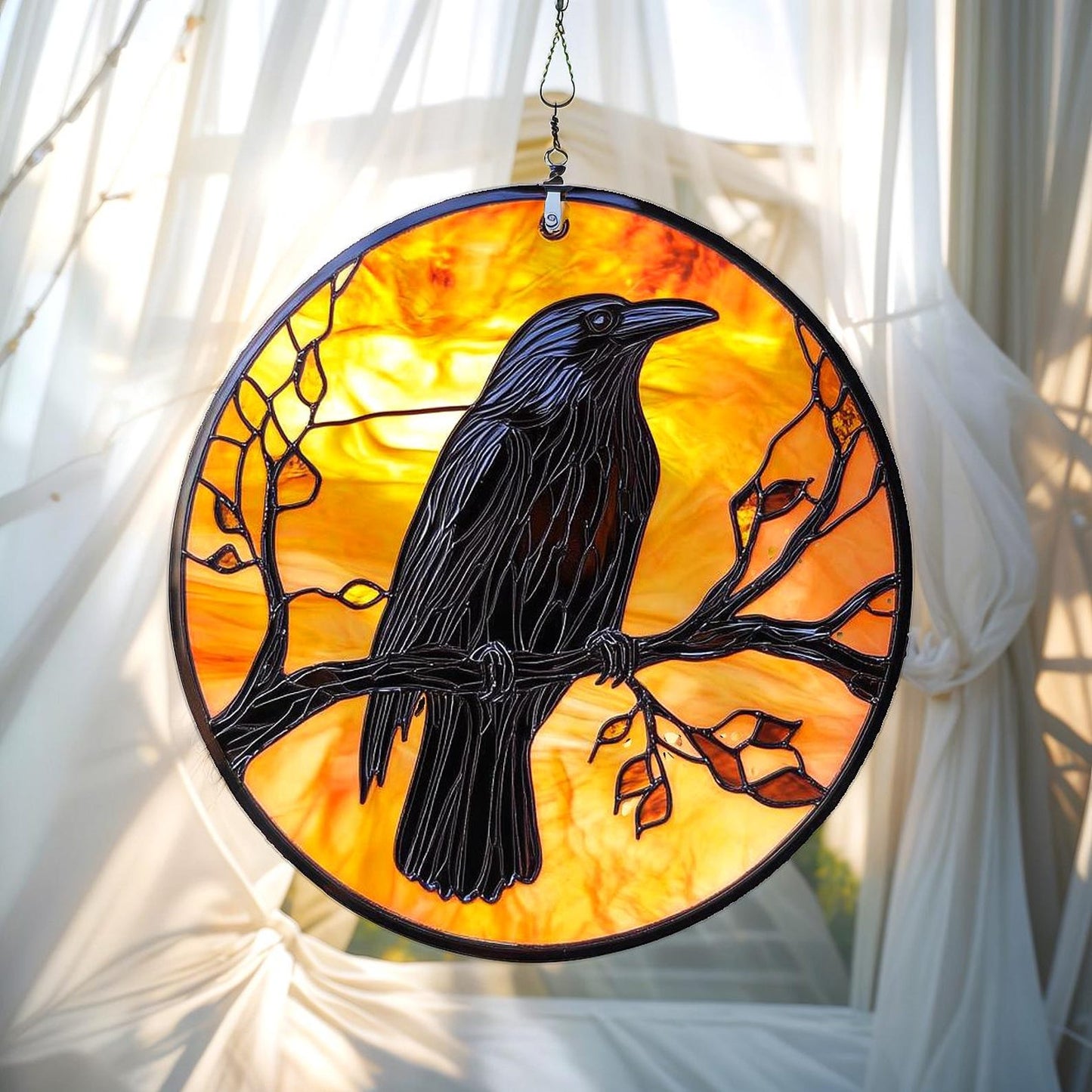 Raven on Branch Stained Glass Suncatcher - Round Window Hanging Gothic Decor