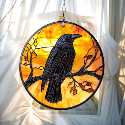Raven on Branch Stained Glass Suncatcher - Round Window Hanging Gothic Decor