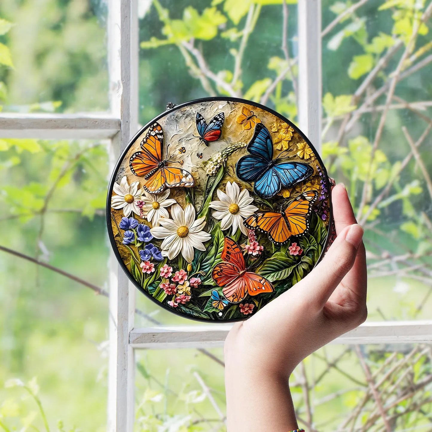 Colorful Butterfly and Flower Stained Glass Suncatcher