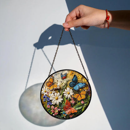 Colorful Butterfly and Flower Stained Glass Suncatcher
