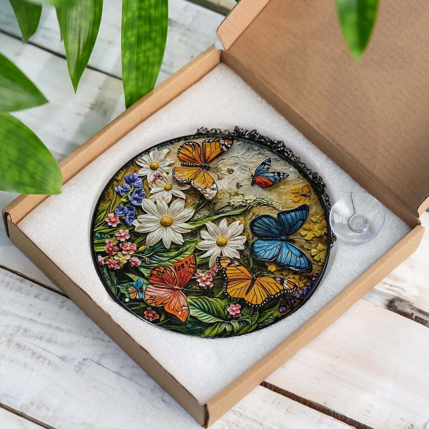 Colorful Butterfly and Flower Stained Glass Suncatcher