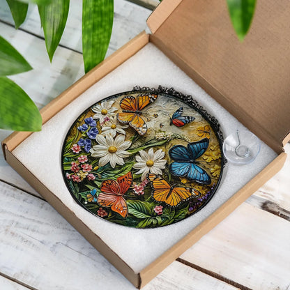 Colorful Butterfly and Flower Stained Glass Suncatcher