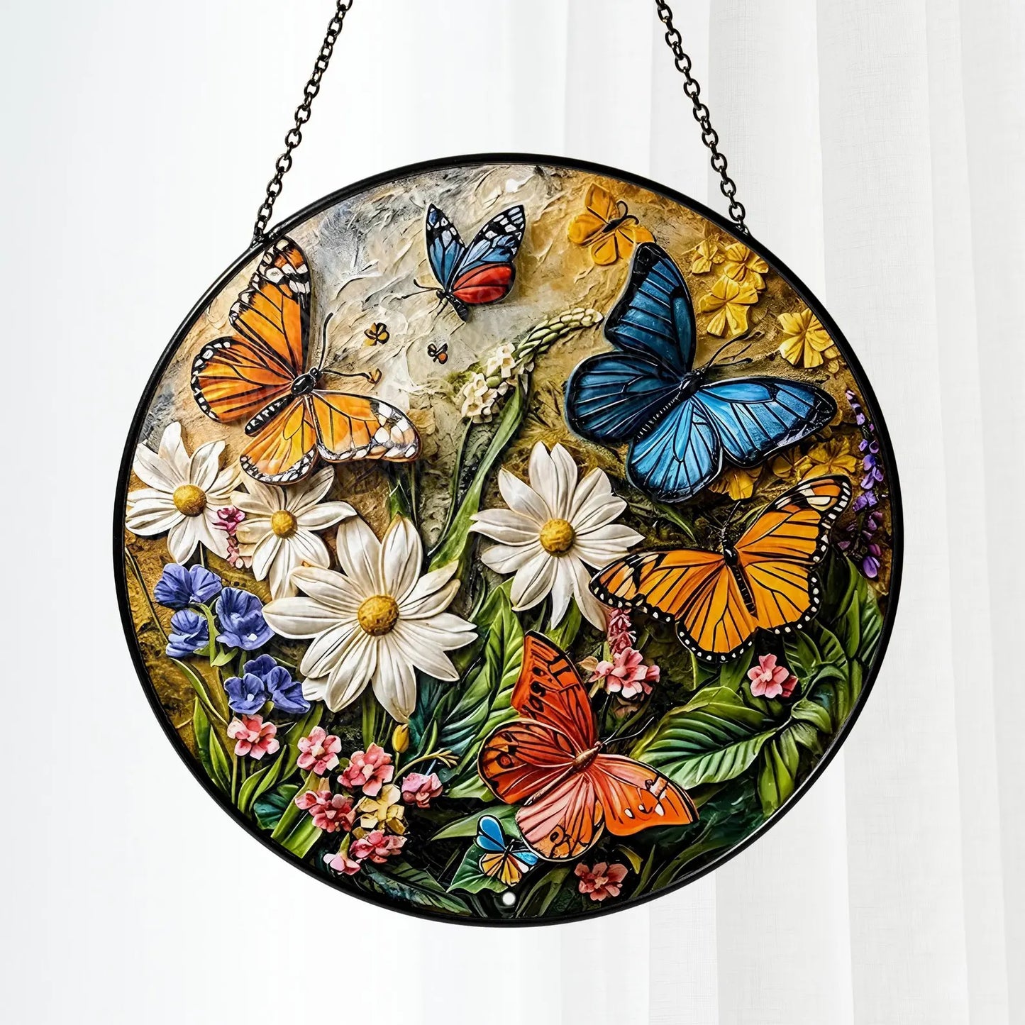 Colorful Butterfly and Flower Stained Glass Suncatcher